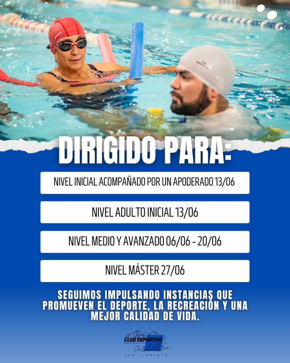 Aviso: fechas de inicio por nivel — inicial acompañado y adulto inicial 13/06, medio y avanzado 06/06 al 20/06, máster 27/06