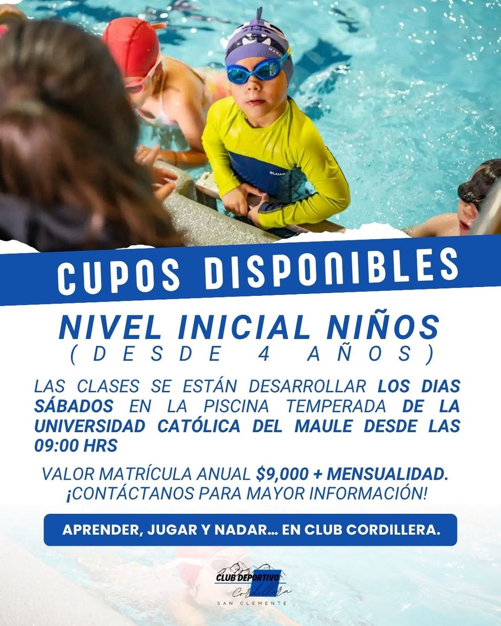 Aviso: cupos disponibles para nivel inicial de niños desde 4 años, clases los sábados en la piscina temperada UCM